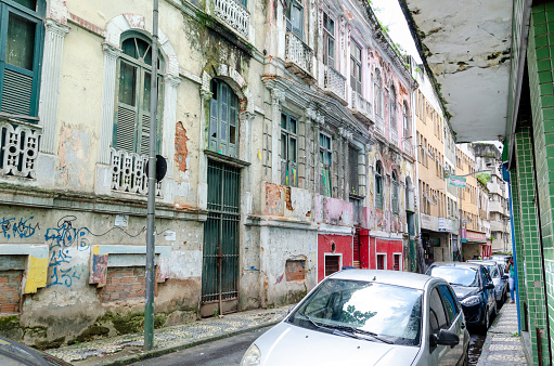 Salvador, Bahia, Brazil - June 09, 2015: View of the facade of old buildings in the Comercio neighborhood in the city of Salvador in Bahia.