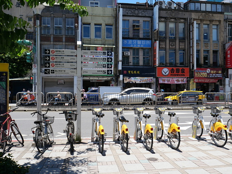 Taipei, Republic of China (Taiwan)-May 28, 2023: rental bicycles and traffic at Taipei city of Taiwan