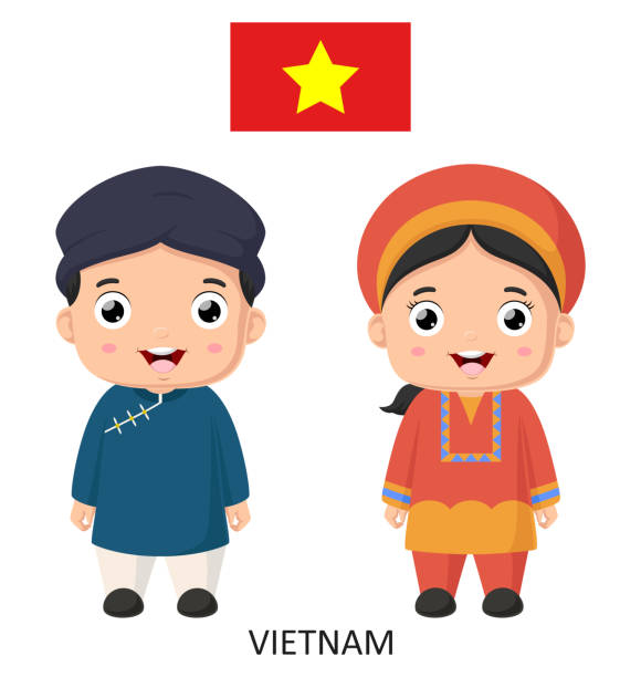 netter vietnamesischer junge und mädchen in nationaler kleidung - 16085 stock-grafiken, -clipart, -cartoons und -symbole