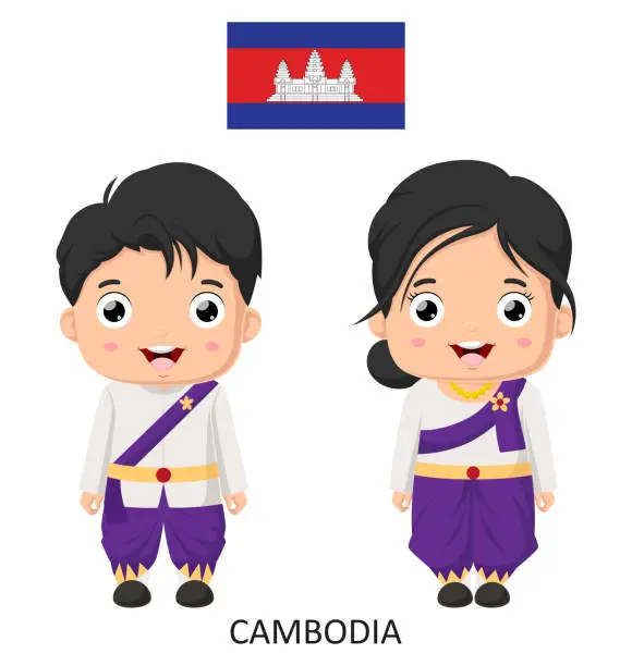 Vector illustration of Cute cambodian boy and girl in national clothes