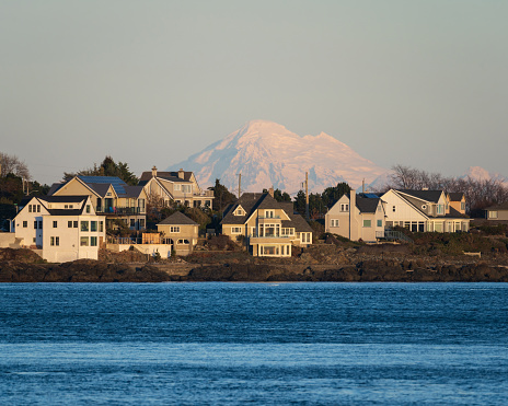 Victoria residential homes in front of Mt. Baker in the distant background.