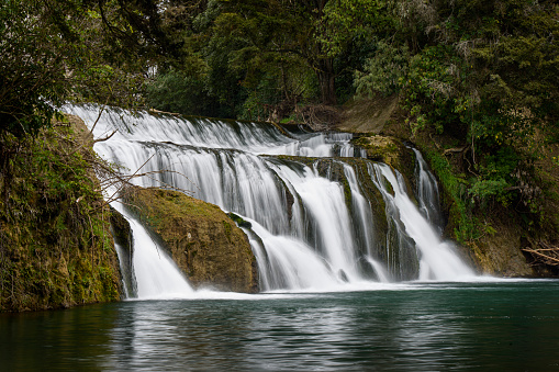 Beautiful forest waterfall with river flowing in front of it, New Zealand