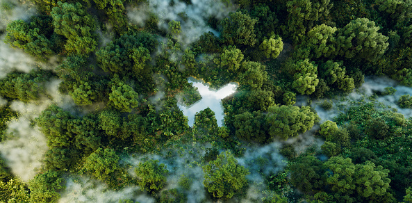 An airplane-shaped lake amid pristine wilderness, signifying the interplay of air travel, ecotourism, and environmental care. 3d rendering.