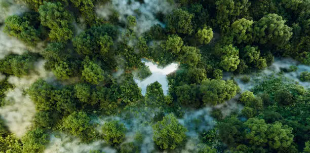 Photo of An airplane-shaped lake amid pristine wilderness, signifying the interplay of air travel, ecotourism, and environmental care. 3d rendering