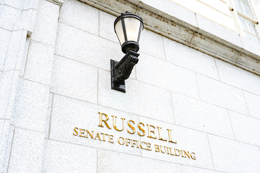 Russell Senate office Building gold lettering sign in Washington, DC