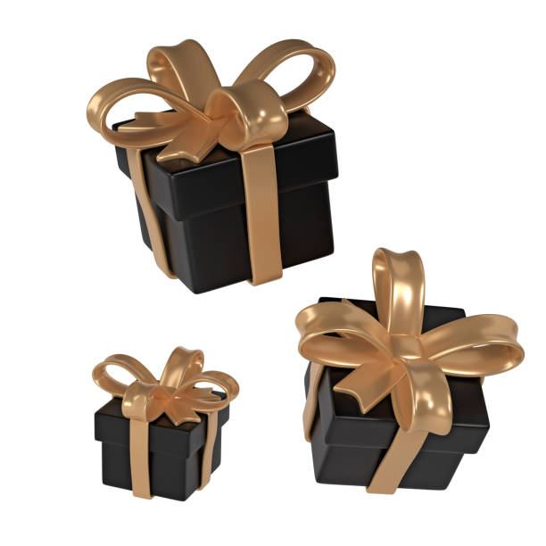 istock 3d black Friday three gift boxes icon with golden ribbon bow on white background. Render Shop Sale modern holiday. Realistic icon for present shopping banner or poster 1703222818