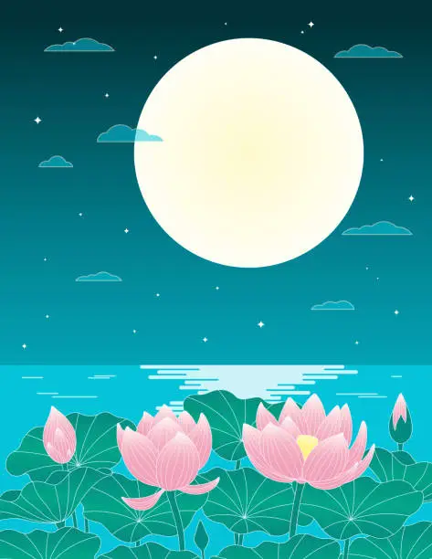Vector illustration of Asian background with lotus flowers, full moon