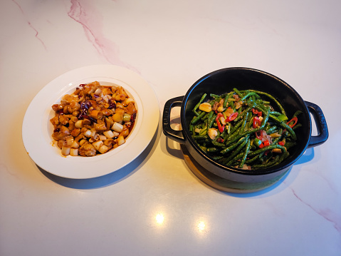 Chinese Food: Dry fried green beans and Kung Pao Chicken