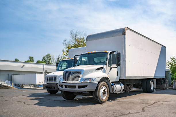istock Middle duty compact rig semi trucks with box trailers standing on the warehouse parking lot take a break between freights 1703226979