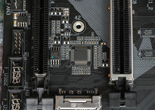 Close-up of parts on computer motherboard