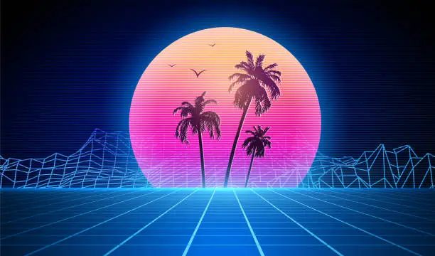 Vector illustration of Synthwave retro background - palm trees