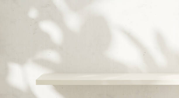 istock Minimal empty white wood plank shelf in sunlight, leaf foliage shadow on white cement concrete wall 1703281338