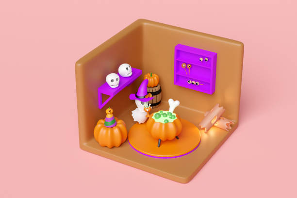 3d isometric room for halloween holiday party with cute ghost hand holding magic cup, cauldron, skeleton, skull, eye isolated on pink background. 3d render illustration 3d isometric room for halloween holiday party with cute ghost hand holding magic cup, cauldron, skeleton, skull, eye isolated on pink background. 3d render illustration ugly soup stock pictures, royalty-free photos & images