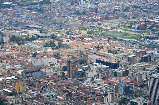 Panoramic view of Bogota City Center from Monserrate Hill in Colombia.