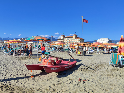 Roseto degli Abruzzi, Italy - June 21, 2017:  Beach of Roseto degli Abruzzi, Abruzzo, Italy. Roseto degli Abruzzi is also known as the 'Lido delle Rose' because of the great variety of roses and oleanders