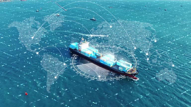 AI technology Cargo Container Ship with line connection. Tehcnology Global Logistics international delivery concept, World map logistic and supply chain network distribution Container Ship running to customs ocean concept isometric view.