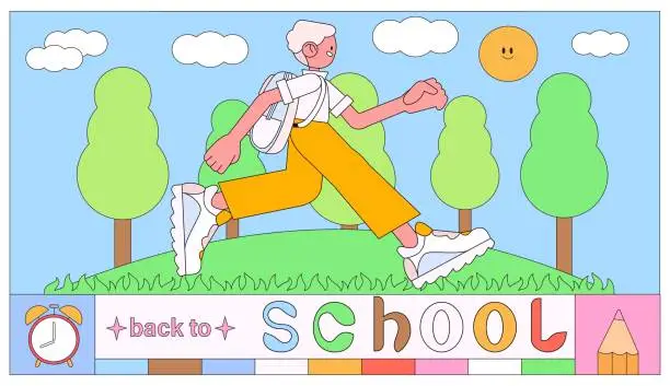 Vector illustration of Boy walk to elementary or middle school vector illustration. Happy pupil or preschooler running banner, poster, placard. Child with backpack and study supplies. Back to school concept in collage.