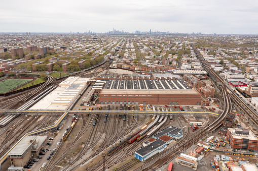 Aerial view of the Coney Island train yard and subway cars in Brooklyn, New York.