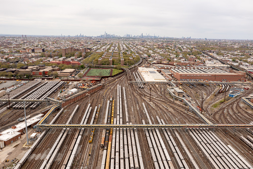 Aerial view of the Coney Island train yard and subway cars in Brooklyn, New York.