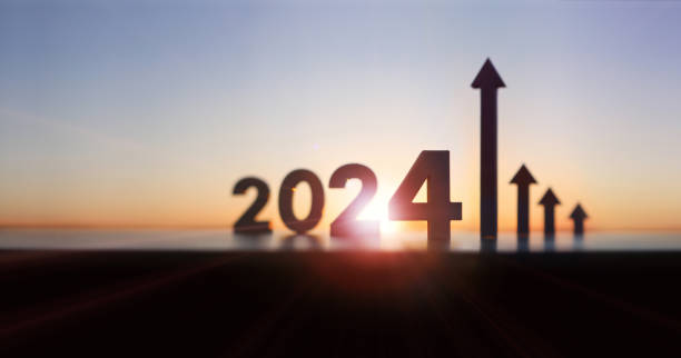 flechas y gráficos que suben alto, amanecer de año nuevo 2024 y brillante sol naciente y finanzas bursátiles crecimiento y éxito de la industria económica, metas y objetivos de inversión concepto - almanaque fotografías e imágenes de stock