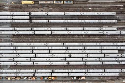 Aerial view of the Coney Island train yard and subway cars in Brooklyn, New York.