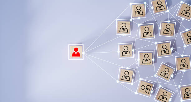 istock Wooden cube block print screen person icon which link connection network for organisation structure social network and teamwork concept. 1703375170