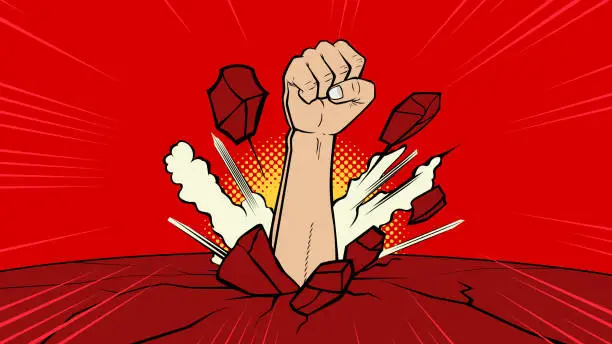 Vector illustration of Vector Pop Art Fist Punched Through out of the Ground Stock Illustration