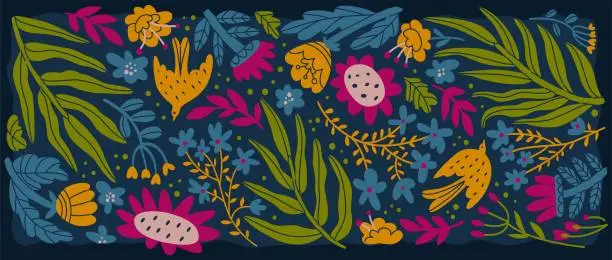 Vector illustration of Floral background in horizontal format in summer colors. Plants, leaves and birds in bright colors. Positive ornament for decorating cards or packaging. Isolated vector illustration in doodle style.