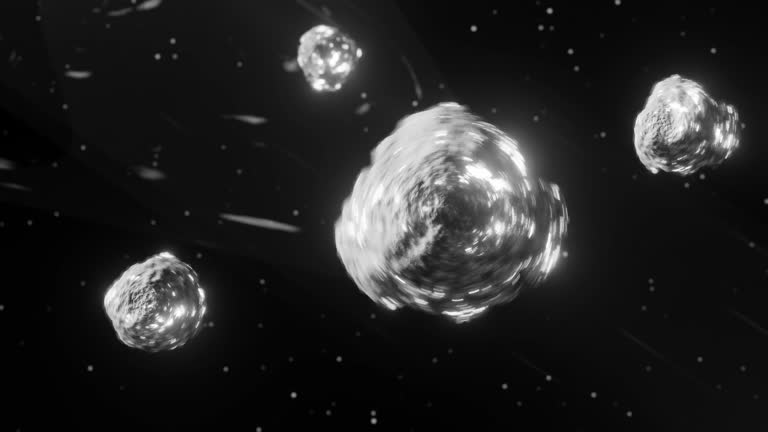 Asteroids flies through space to the Earth. Seamless loop 3d animation. Outer space. space and science concept. Black and white retro style