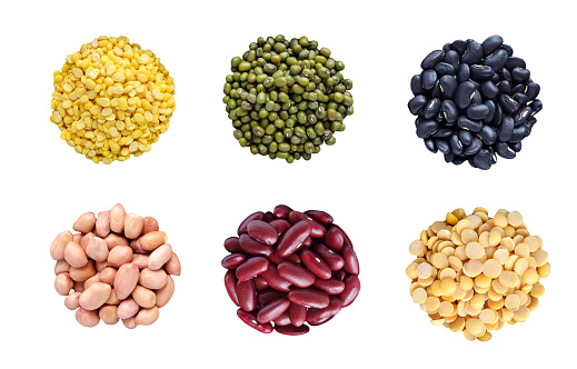 Collection of mix bean (green mung, yellow split bean, red kidney, black bean, yellow split peas, peanut) isolated on white background with clipping path. Top view.