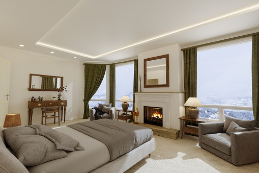 Modern Bedroom Interior With Double Bed, Fireplace And Armchairs In A Chalet