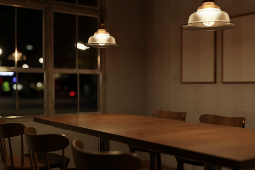 Close-up image of a beautiful vintage wooden dining table with chairs and pendant lights in a minimalist Scandinavian dining room at night. 3d render, 3d illustration