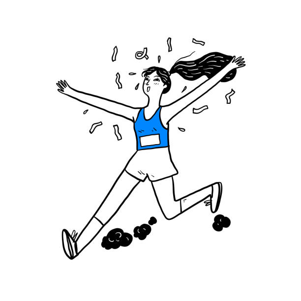 ilustracja przedstawiająca maratończyka radującego się, gdy przekracza linię mety - marathon finish line finishing the end stock illustrations