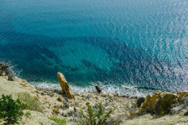 istock Calm blue sea without waves seen from a cliff with room for text 1703448201