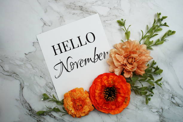 istock Hello November text with orange flower bouquet on marble background 1703451307