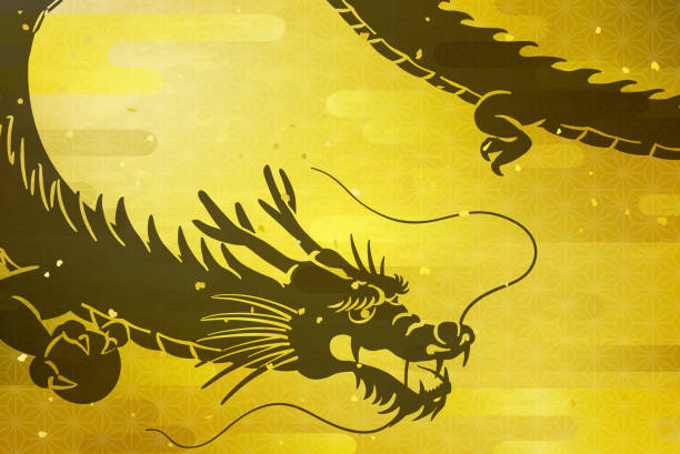 neujahrskartenschablone mit drache, goldener hintergrund der wolke im japanischen stil - pattern japanese culture characters black stock-grafiken, -clipart, -cartoons und -symbole
