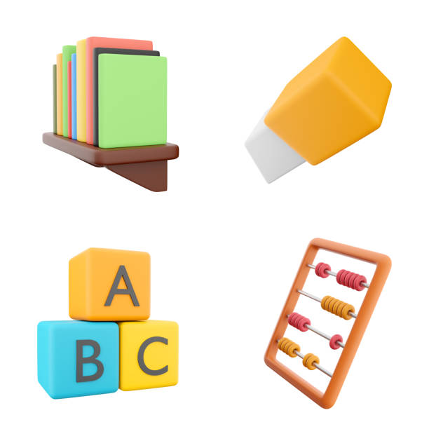 istock 3d rendering bookshelf with books, eraser, A B C blocks and abacus icon set. 3d render education concept icon set 1703451657