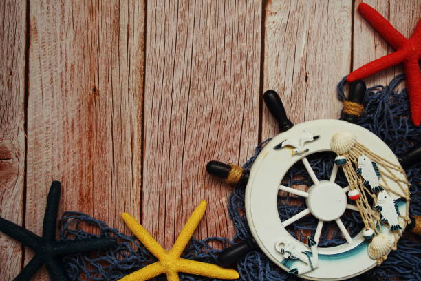 istock Marine Items nautical Decoration with space copy on wooden background 1703451699