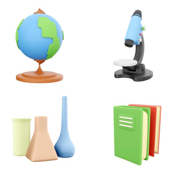 istock 3d rendering globe, mainland, microscope, chemical flasks and green with red book icon set. 3d render science, education concept icon set 1703453961