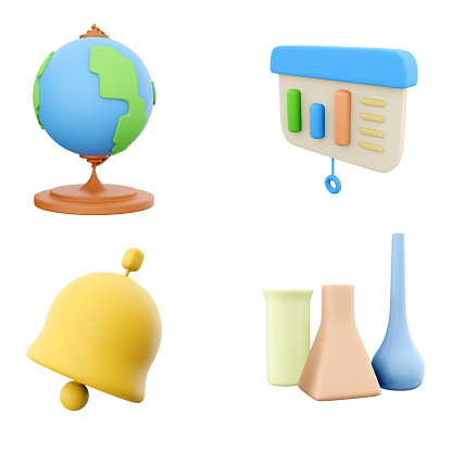 3d rendering globe model, presentation board with histogram, bell and chemical flasks icon set. 3d render science and education concept icon set.
