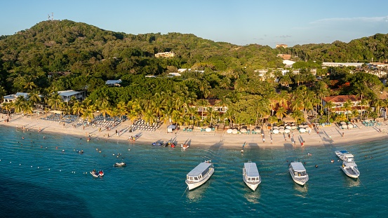 An aerial view of boats lined up on a sandy beach, with lush green forested area in in Roatan Honduras