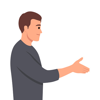 Young man lawyer asks for a handshake from side view. Flat vector illustration isolated on white background