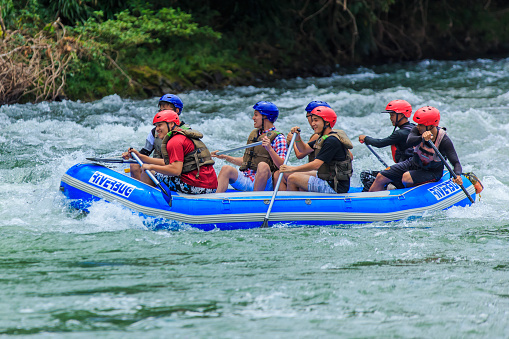 Kiulu Sabah, Malaysia - Sep 02, 2017: A group of men and women are rafting on the river, extreme and fun sport