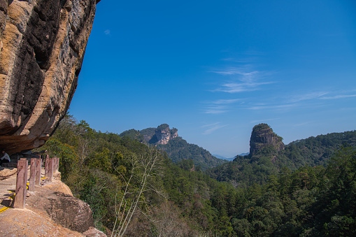 The steps within the Wuyishan Scenic area of Mount Wuyi in Fujian province China. Copy space for text, wallpaper, horizontal image with blue sky