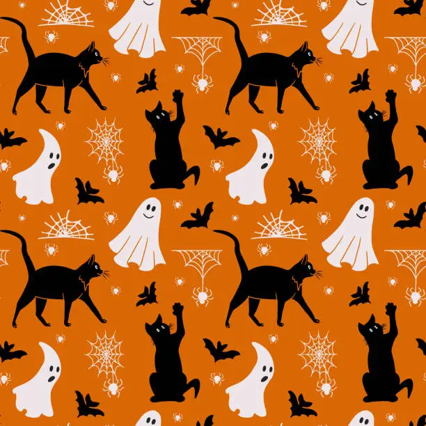 Vector illustration of Creepy Halloween pattern om orange background