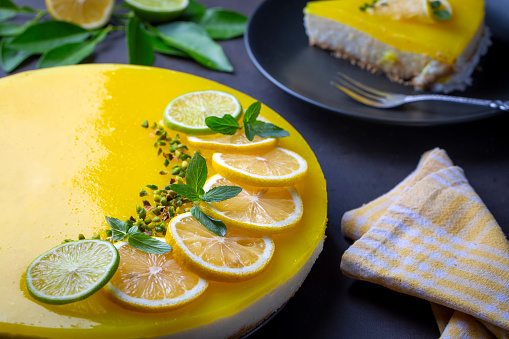 Delicious looking lemon cheesecake. Food concept photo.
