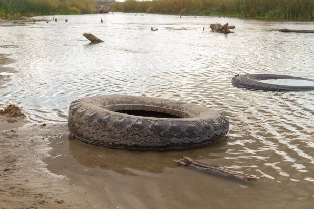 istock Used car tires lying in the river, environmental pollution, climate change 1703597655