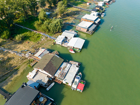 Drone view of boat houses, river and boats at summertime. Sava River - Belgrade - Serbia