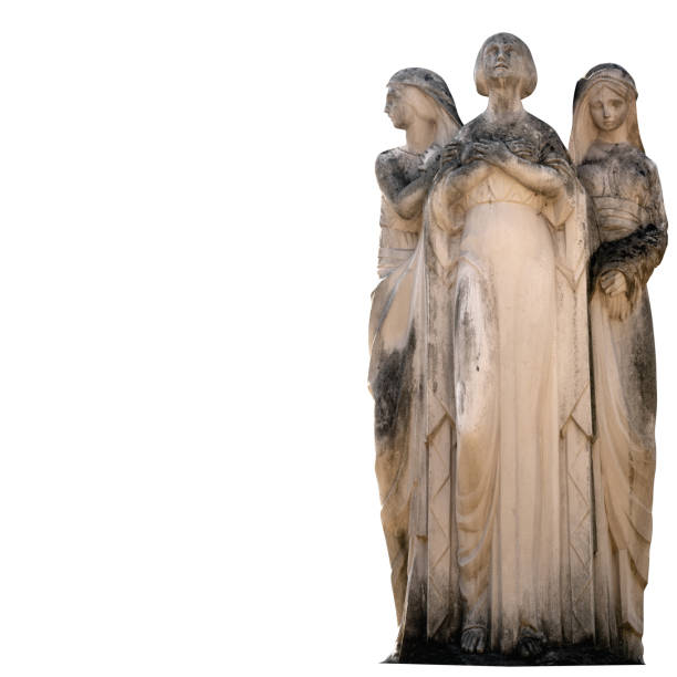istock Three sisters as a symbol of time: past, present and future. Ancient statue isolated on white background. 1703603046