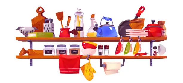 Vector illustration of Kitchen shelf with utensil and dish vector set
